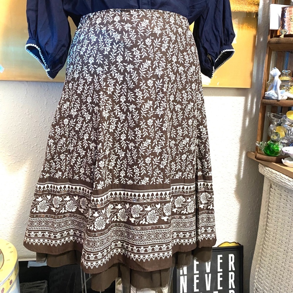 Apt. 9 Skirt Cottagecore Boho Floral Sequin Mesh Trim Women 10 Brown White